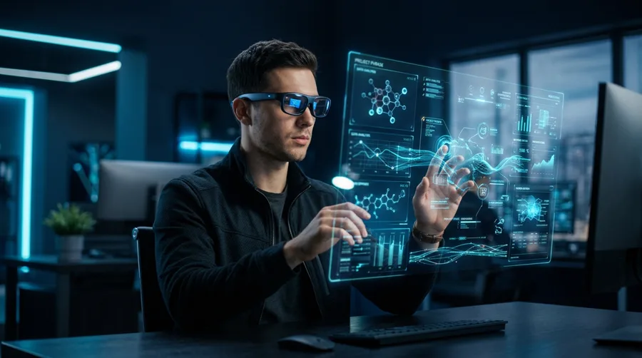 Professional using AR smart glasses to view a holographic interface in a modern office