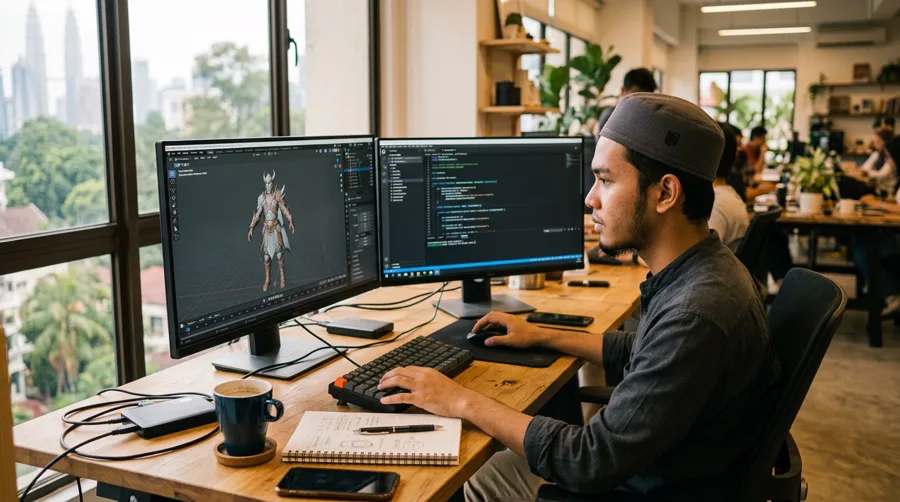Game developer working on a 3D character model across dual monitors