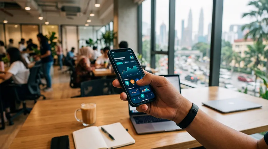 Hand holding a smartphone with a mobile app interface, city skyline in the background