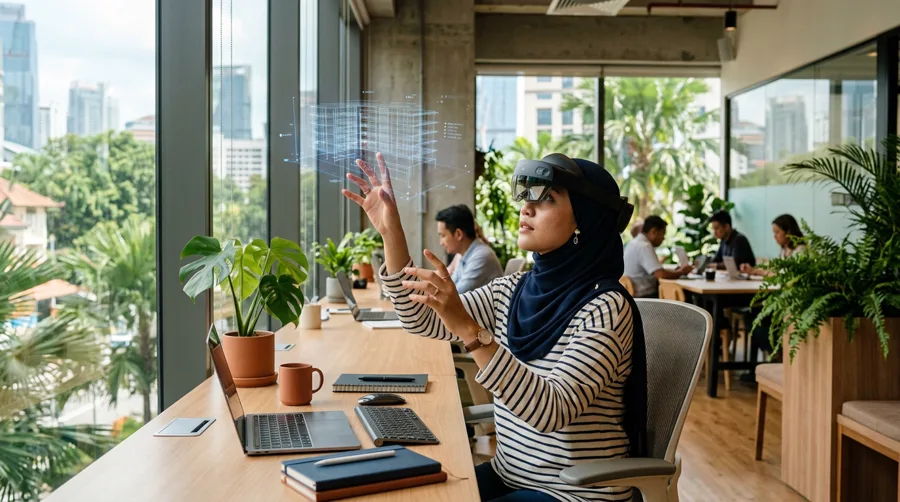 Engineer wearing an MR headset interacting with a floating 3D model at her desk