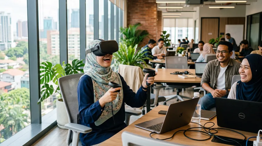 Team trying a VR headset together in a modern co-working space