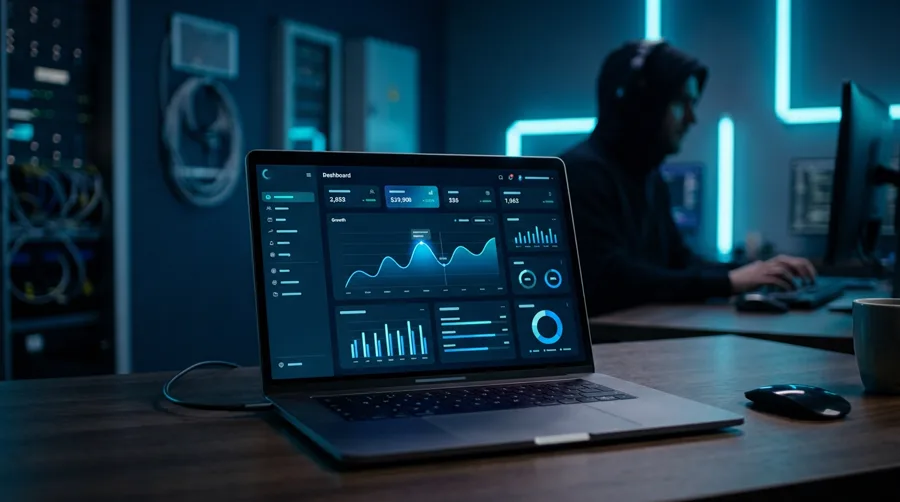 Laptop on a desk displaying a modern web application dashboard